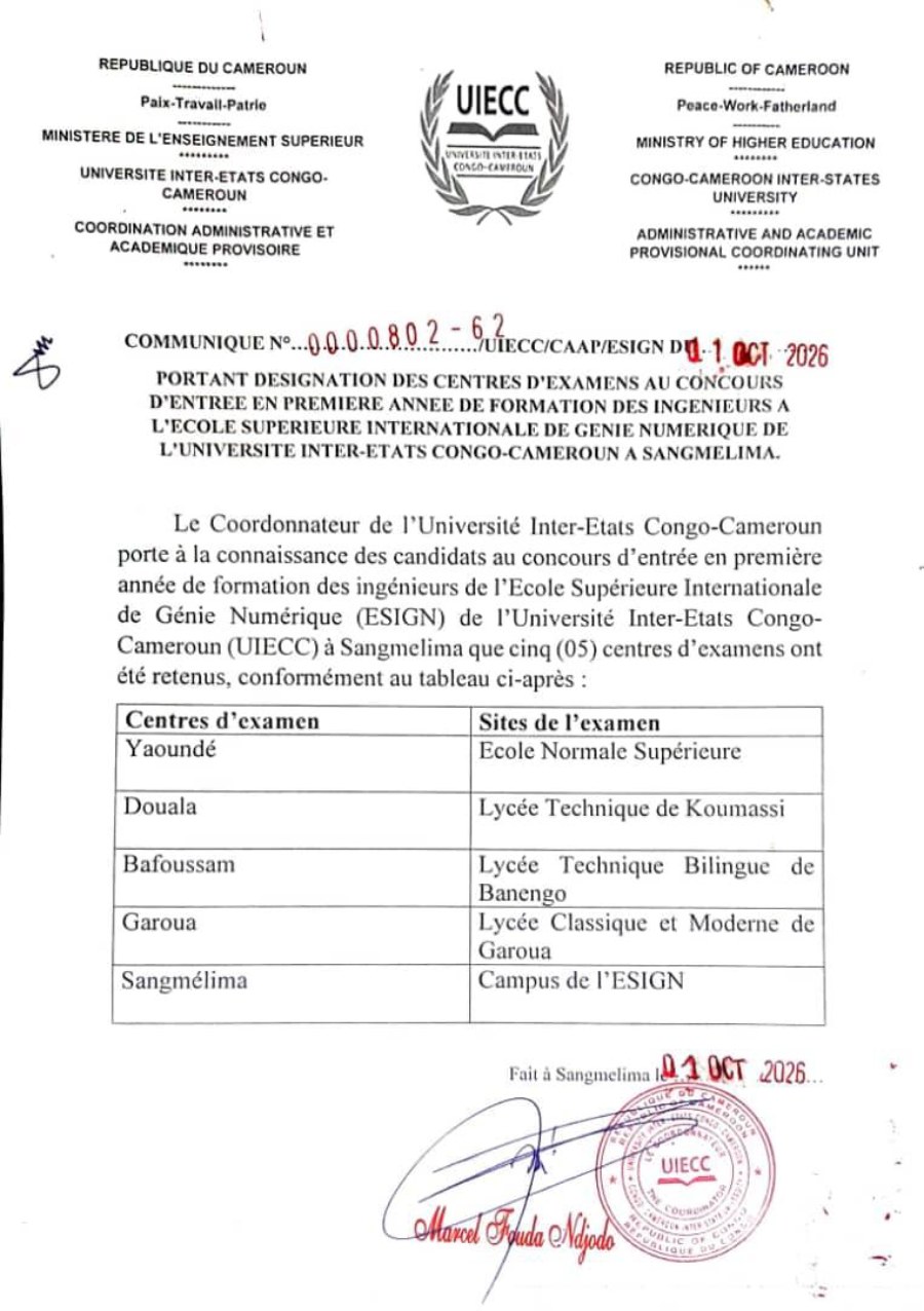 Désignation des centres d’examen au concours d’entrée en première année de formation des ingénieurs à l’ESIGN